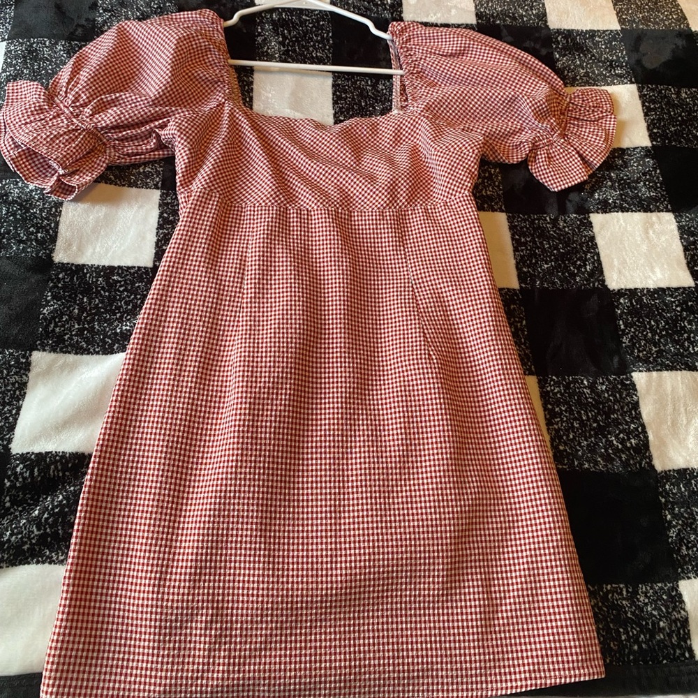 Red plaid shirt mini dress with puffy sleeves